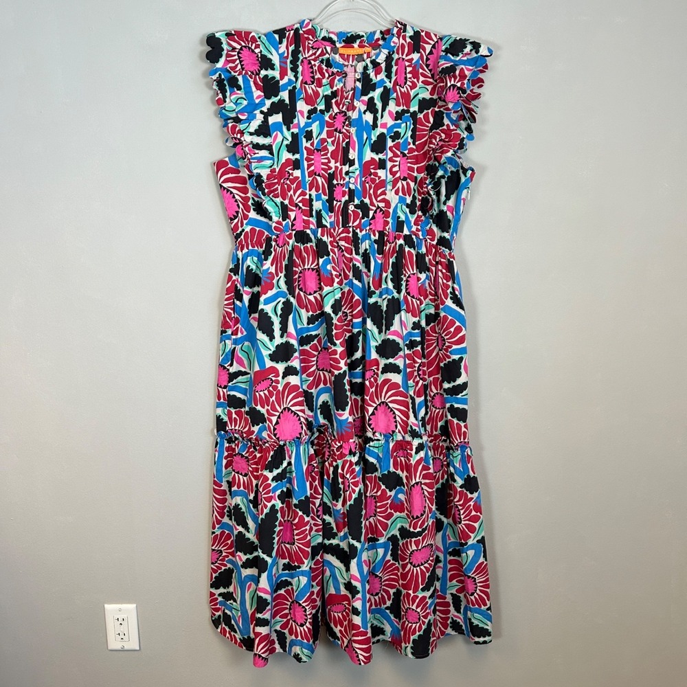 Oliphant size XL maxi dress tiered scalloped ruffle colorful floral cotton boho - Picture 1 of 16